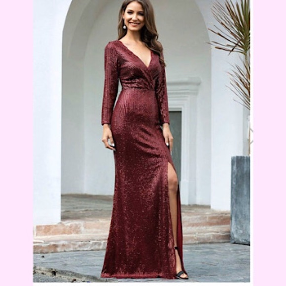 🆕 Shiny V Neck Long Sleeve Sequin Evening Dress - Picture 3 of 3